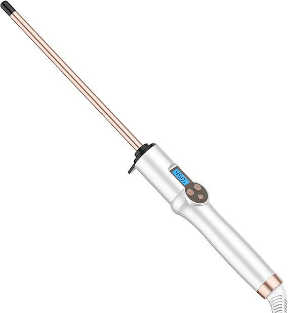 Small Curling Wand 3/8 Inch for Short Hair Ceramic Long Barrel No-clamp | Skinny Thin Barrel Hair Curling Iron 9mm, Dual Voltage, 10 Heat Settings with LCD Display, Tight Curls, Glove Include