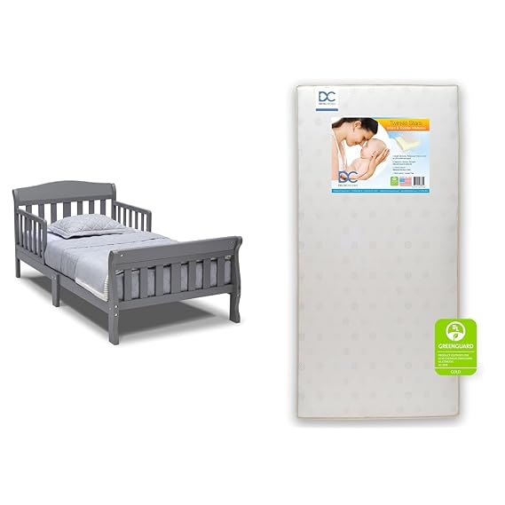 Delta Children Canton Toddler Bed, Greenguard Gold Certified, Grey & Twinkle Stars Dual Sided - 6" Premium Sustainably Sourced Fiber Core Crib and Toddler Mattress