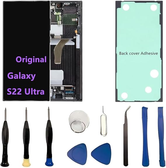 Original 6.8" AMOLED Display for Samsung Galaxy S22 Ultra Screen Replacement OEM S22Ultra 5G SM-S908U SM-S908U1 Display Touch Screen Digitizer Assembly (with Black Frame+Back Cover Adhesive+Tools)