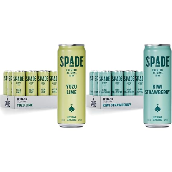 Spade Soda | Yuzu Lime + Kiwi Strawberry, Premium All-Natural, No Sugar, No Calories, Electrolytes, Magnesium, Potassium, Non GMO, Sweet Quality Stevia, No Artificial Sweeteners, Great Bold Taste