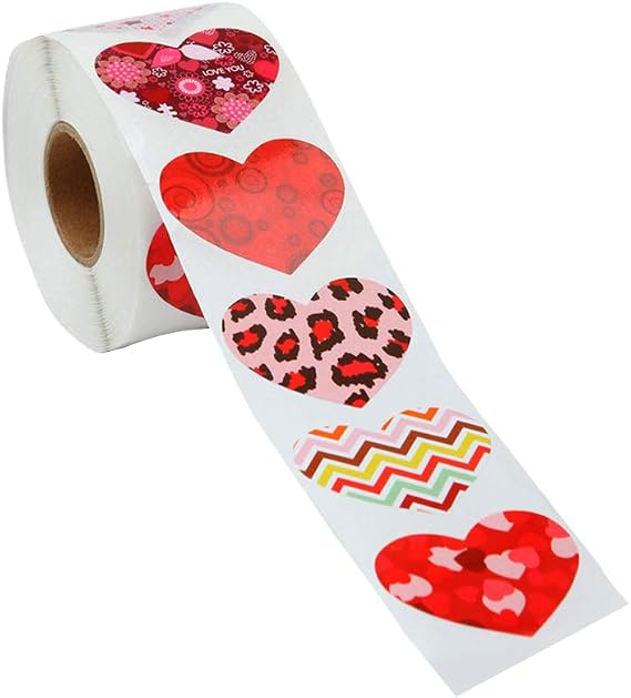 WOONEKY 500Pcs Heart Shape Valentine's Day Labels Stickers Roll, Self-Adhesive Sealing Decorative Stickers for Wedding, DIY Crafts, Cards, and Envelopes
