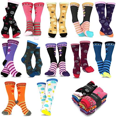 Cute Fun Novelty Dress Casual Argyle Stripe Floral Scallop Hearts Socks for Women Size 9-11 6pair 12pair School Socks