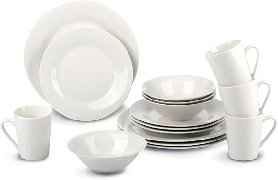 alpina 4 People Complete Dinnerware Set - Plates and Bowls - Earthenware Dinnerware - Dinner Plates, Dessert Plates, Bowls and Mugs - Microwave and Dishwasher Safe - White