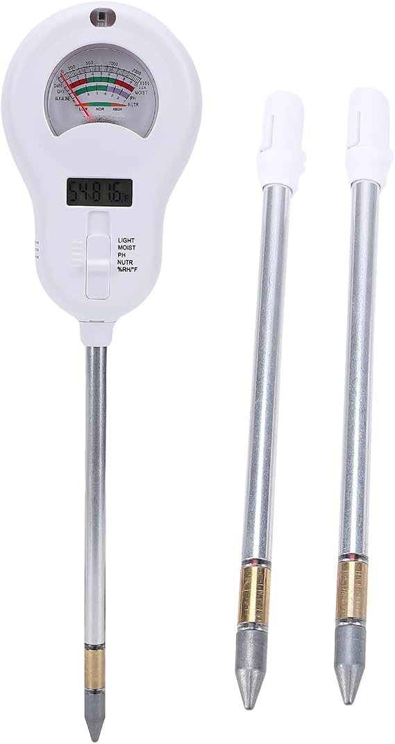 Geevorks 6 in 1 Soil Tester Soil Meter Soil Water Detector for pH Sunlight Fertility Temperature Humidity with 3 Replaceable Probes for Garden Farm Home Plant Care