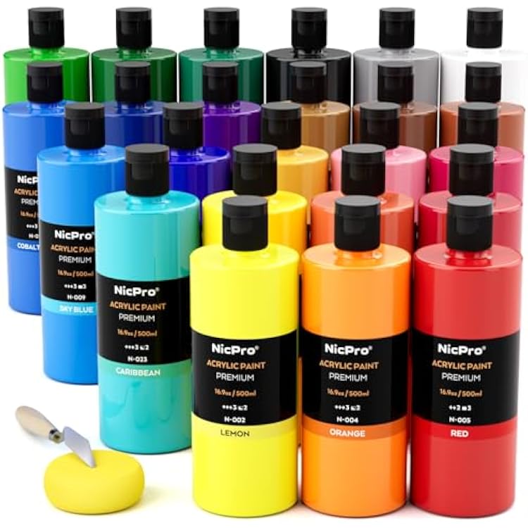 Nicpro 24 Colors Large Bulk Acrylic Paint Set 16.9 oz500 ml, Rich Pigments Non Toxic, Bulk Painting Supplies for Artist Beginners on Canvas, Wood, Rock, Glass, Ceramic, Crafts with Color Wheel