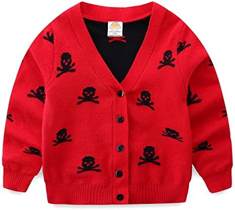 Mud Kingdom Little Boys Halloween Cardigan V-Neck Skull Print Sweater Long Sleeve Fall Warm Knit Outerwear