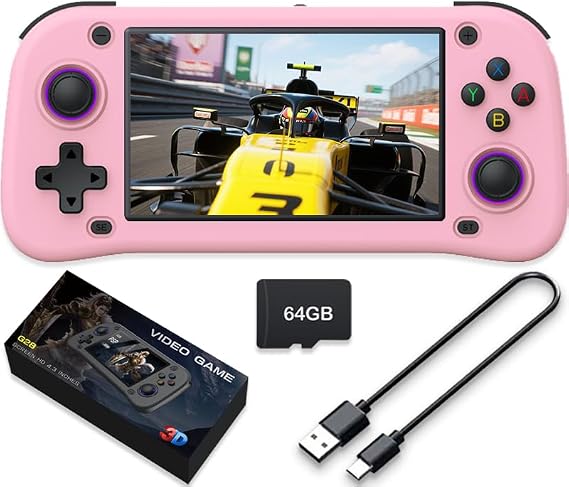 New Handheld Game Console,Built-in 64G with 15000 games,Linux System,Portable Handheld Video Game Console ，4.3 inch IPS Screen 30+ emulators& Linux System (Pink,64G)