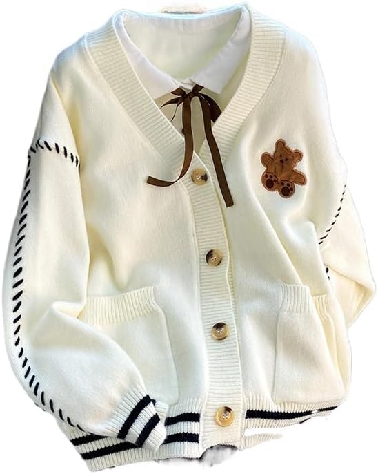 Tooe Y2K Cutecore Bear Cardigan Sweater for Women Preppy Aesthetic Knitwear Kawaii Button Down Outerwear Oversized Jacket (Beige,One Size)