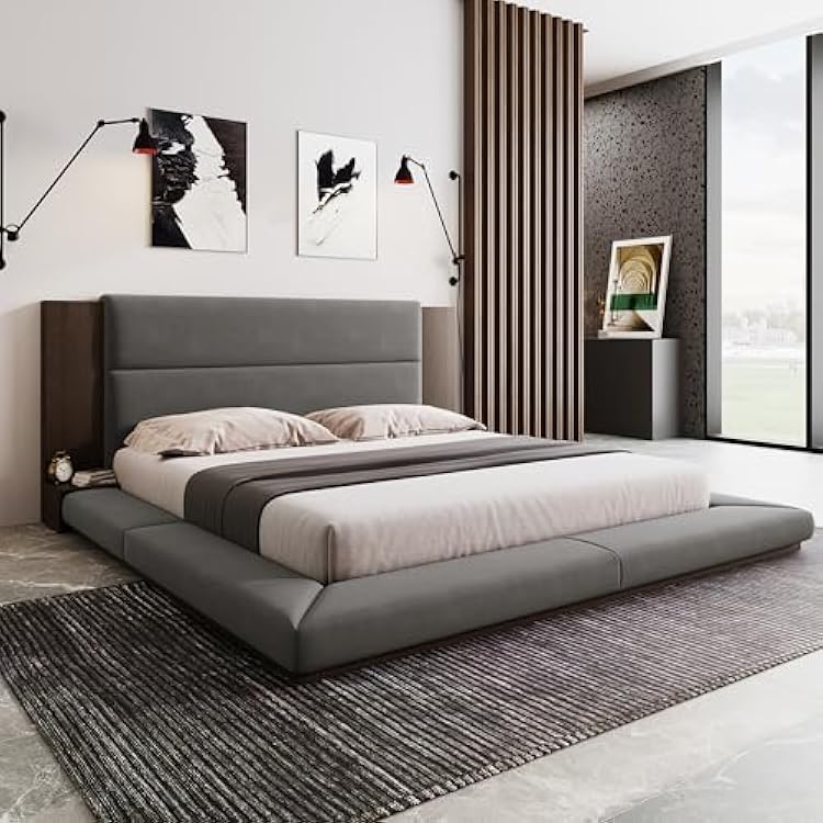 LUMISOL Queen Size Floor Platform Bed Frame with Extended Headboard & Bedside Shelf, Linen Upholstered Grounded Bed Frame for Bedroom, No Box Spring Needed, Gray
