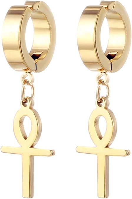 Ankh Cross Huggie Hoop Earrings Stainless Steel Vintage Ancient Egyptian Symbol Black Amulet Cross Key of Life Religious Dangle Drop Earrings for Men Women Minimalist Birthday Christmas Fashion Jewelry Gifts