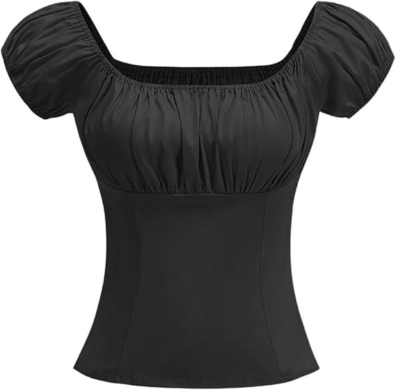 Women Rockabilly 1950s Pinup Peasant Top Square Neck Puff Short Sleeve Vintage Slim Fitted Tees