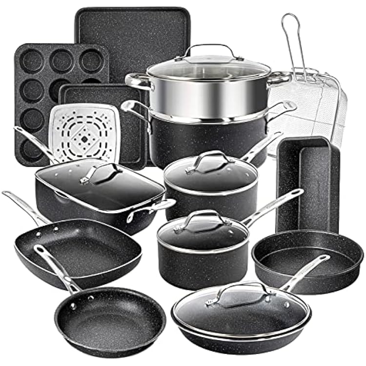 Granitestone 20 Pc Pots and Pans Set Nonstick Kitchen Cookware Set with Frying Pan, Bakeware & Steamer, Diamond Infused, Non Toxic PFOA PFOS Free, Metal Utensil Safe, Oven & Dishwasher Safe, Black
