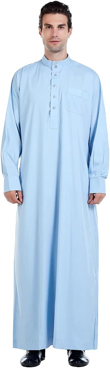 IMEKIS Men's Muslim Clothes Kaftan Robe Arabic Dubai Long Gown Ethnic Clothes Crew Stand Collar Wedding Eid Thobe