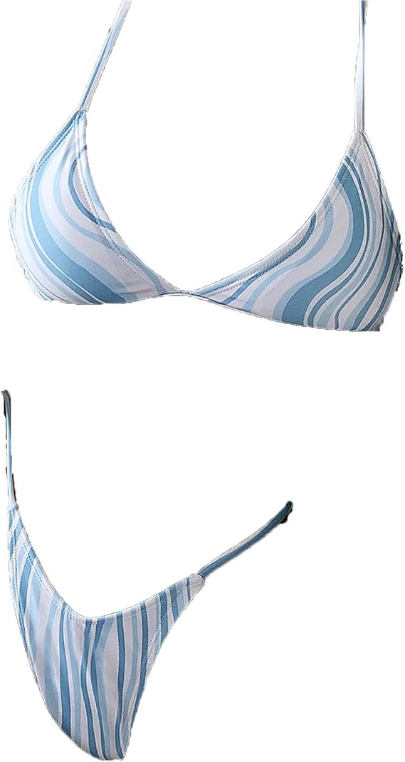 Women's Swimsuit Halter Ribbed Triangle Tie Side Two Piece Swimsuits Tie Dye String Bathing Suit Bikini Set, Blue, Medium