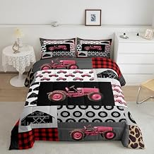 Feelyou Kids Tractor Comforter Red Farm Tractor Bedding Set for Kids Boys Girls Equipment Trucks Comforter Set Geometric Inner Fill Duvet Set 1 Comforter Set with 1 Pillowcase Twin Size