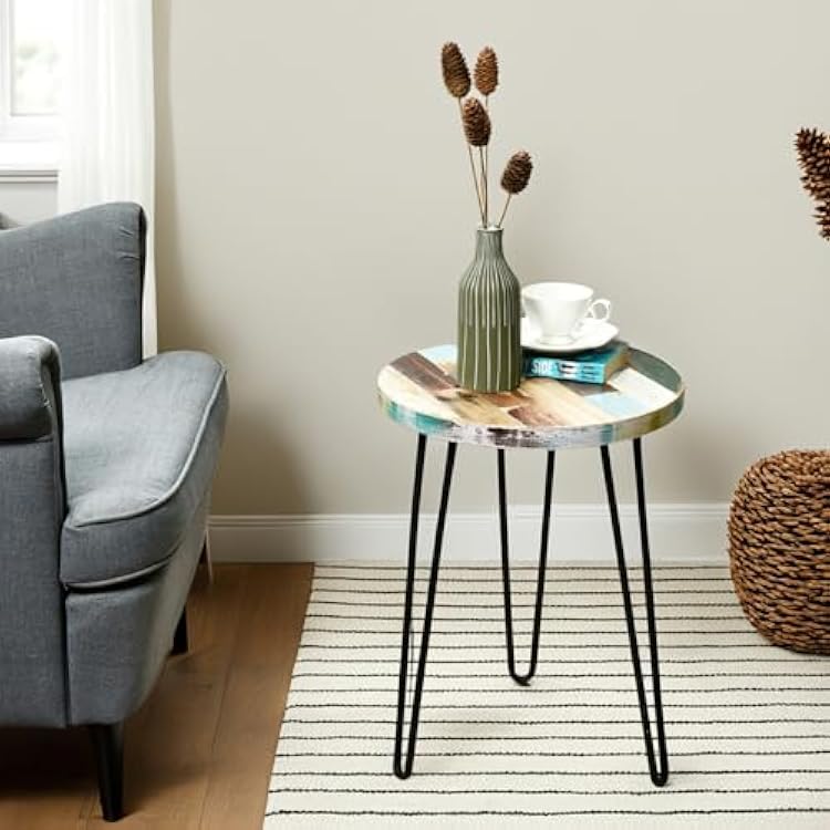 WELLAND Reclaimed Wood Side Table, Round Hairpin Leg End Table, 16 L x 16 W x 20.5 H, Night Stand, Recycled Boat Wood for Living Room, Bedroom, Home Office, Patio
