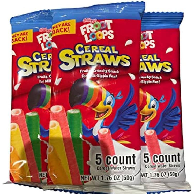 MIZO 2021 Kelloggs Cereal Straws Froot Loops Edible Breakfast Straw Alternatives for Milk, 90s Childhood Nostalgic Treat for Drinking and Eating, Cereals for Kids, Pack of 3, 5 Count, Multicolor