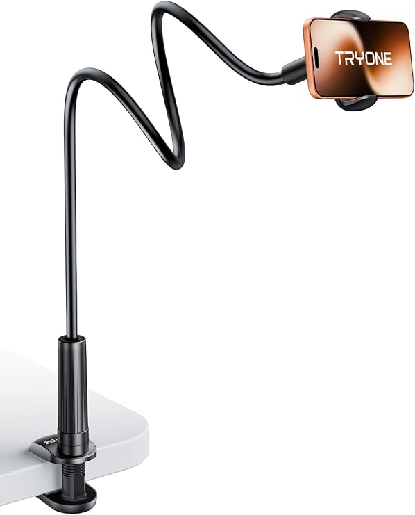 Tryone Gooseneck Phone Holder Hands-Free for Phone Viewing Or Recording, Adjustable Stable Metal Cell Stand Mount for Desk Table Bed, Soporte para Celular, Fits 4-7 Phones Including iPhone - Black