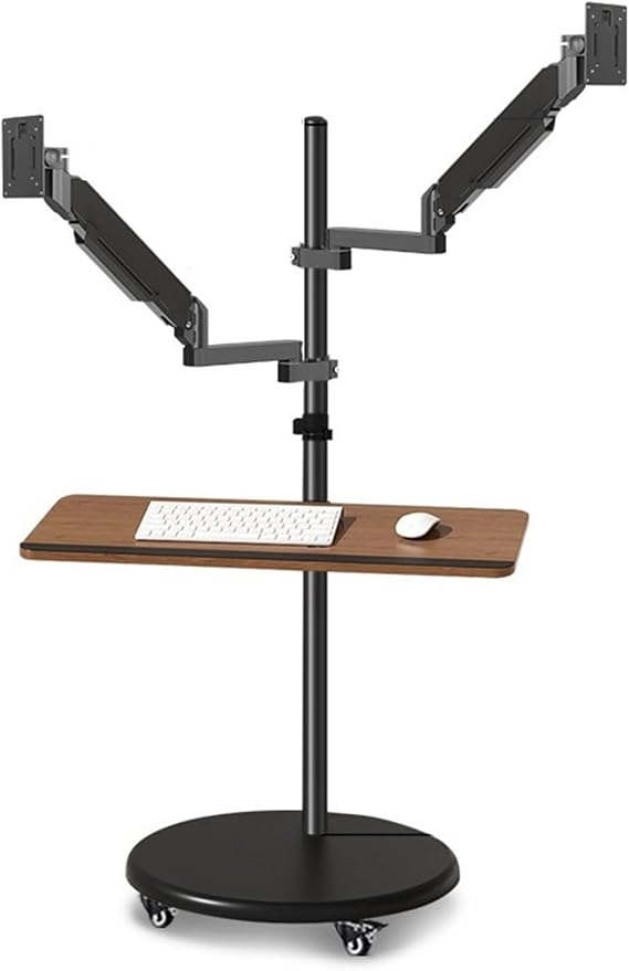 Monitor Arm Gas Dual Monitor Mount Stand with Keyboard Tray, 14"-43" Mulitiuse Rolling Monitor Floor Stand Mobile Workstation, Height Adjustable Gas Spring Monitor Mount,14,17