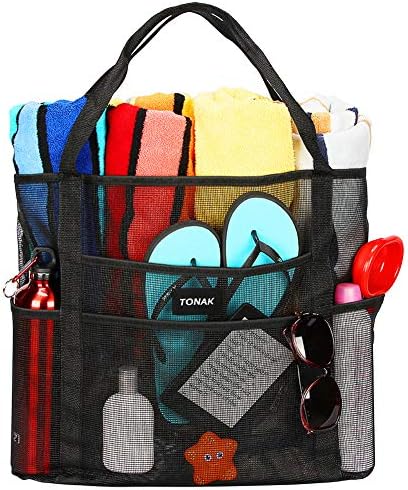 Mesh Beach Toy Tote Grocery Storage Net Bag Oversized Big XL with Pockets Foldable Lightweight for Family Pool