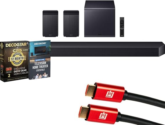 Samsung Q Series Soundbar HW-Q990F 11.1.4 ch Subwoofer + Rear Speaker (2025) Bundle with 1 Year CPS Enhanced Protection Pack, 6FT 4K HDMI Cable & Deco Gear Complete Home Theater Beginner's Guidebook