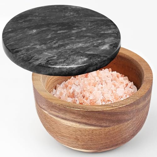 Large Acacia Wood Salt Cellar with Marble Lid - 10oz Heavy Salt Box Pepper Pinch Pot with Spoon - Natural Solid Wood Spice Container Decorative Black Marble Cover for Kitchen Counter