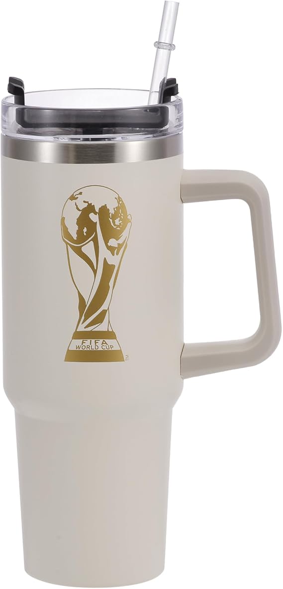 Official FIFA World Cup 2026 Edition - 30oz Insulated Double Tumbler W/Handle & Straw - Premium Stainless Steel- Handwash Only - Keep Beverages Hot 12 hr/Cold 24 hr - White