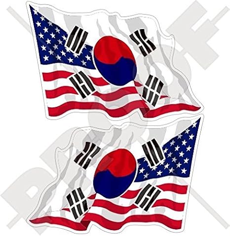 USA United States of America & Republic of Korea, American-RoK South Korean Flying Flag 3" (75mm) Vinyl Bumper Stickers, Decals x2 (Left-Right)