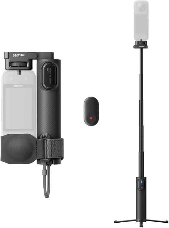 Insta360 Katlanabilir 2'si 1 arada Selfie Çubuğu Uzaktan Kiti, Görünmez Kutup ve Dahili Tripod, Uzaktan Kamera Kontrolü için Mini Uzaktan Kumanda, Insta360 X5, X4, X3 Aksiyon Kameralarıyla Uyumlu 1/4
