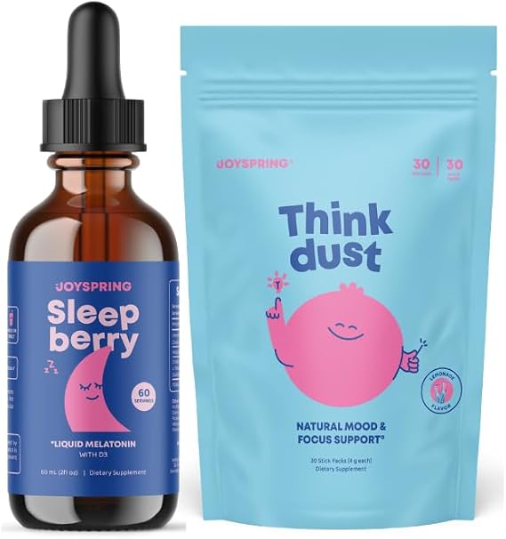 JoySpring Kids Sleep & Calm Bundle | Sleepberry Liquid Melatonin 3 mg Drops (2 oz) + Think Dust Magnesium Saffron Stick Packs | Sugar Free, Vegan, Bedtime & Daily Routine Support for Kids Ages 3+