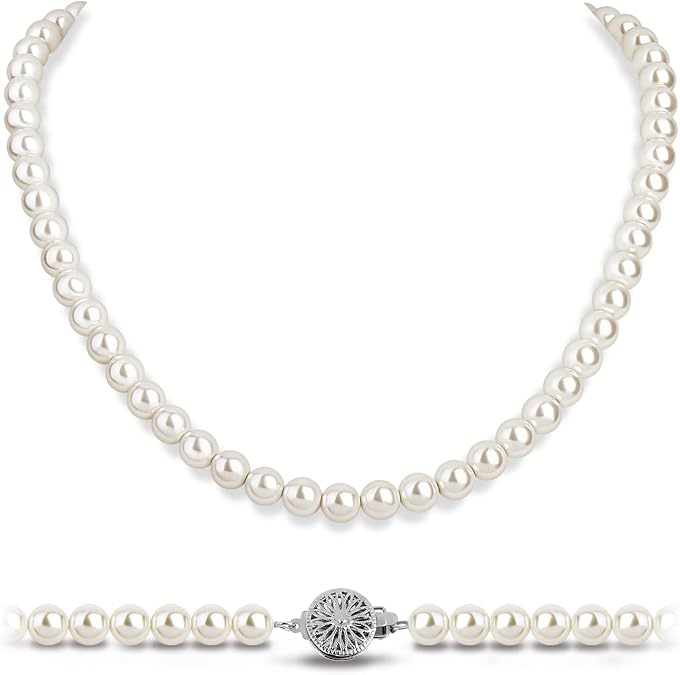White Pearl Strand Necklace Women: 8mm/10mm Ivory Pearl Chain Wedding Jewelry with Dainty Silver Clasp for Bride Bridemaid - Trendy Accessory for Mother Graduate Elegant Lady