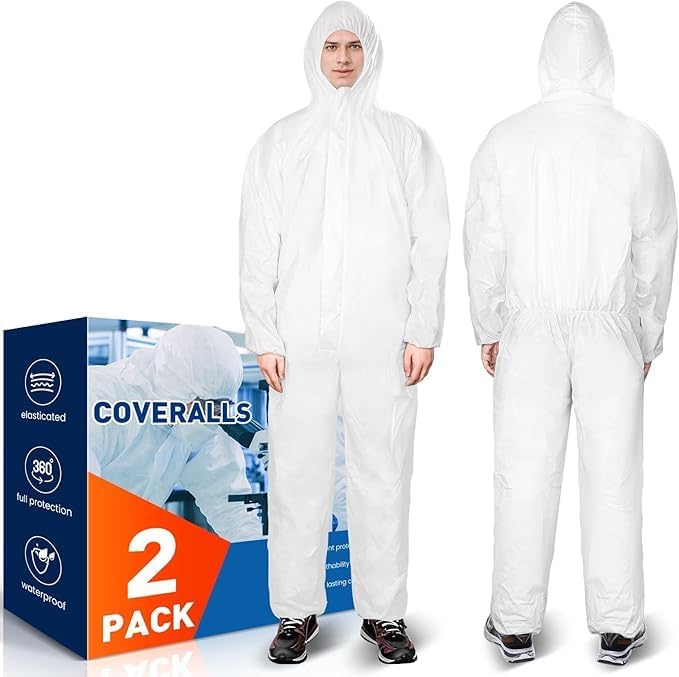 CAREGY 2 Pack Hazmat Suits Disposable Protective Coveralls, Heavy Duty Full Body Painters Suit for Men & Women