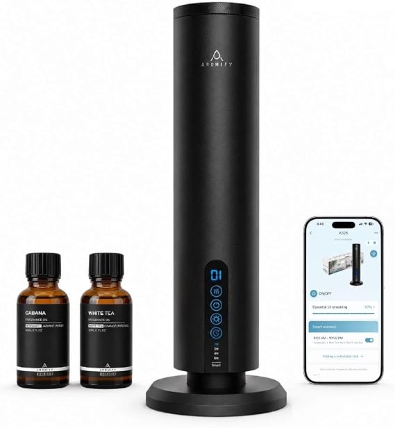Breeze Waterless Diffuser, Cordless & Rechargeable 2 Fragrance Oil, Black | Cordless & Rechargeable, Cabana & White Tea Oils Included, 1200 Sq Ft Coverage, Bluetooth & App Control, Cold Air Diffuser
