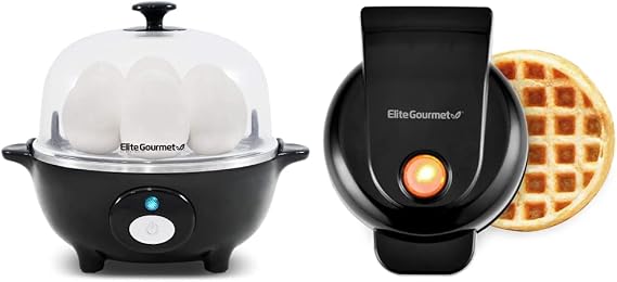 Elite Gourmet EGC-007B# Rapid Egg Cooker, 7 Egg,Hard, Medium, Soft Boiled Eggs, Poacher, Omelet Maker, Auto Shut-Off + EWM013B Electric Nonstick Mini Waffle Snack Maker, Belgian Waffles, Black