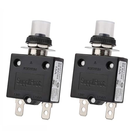 Clyxgs 98-15A Overload Protector, 15Amp Push Button Manual Reset Circuit Breaker 32V DC 125/250VAC 50/60Hz Thermal Circuit Breaker with Quick Connect Terminals and Waterproof Button Transparent Cap