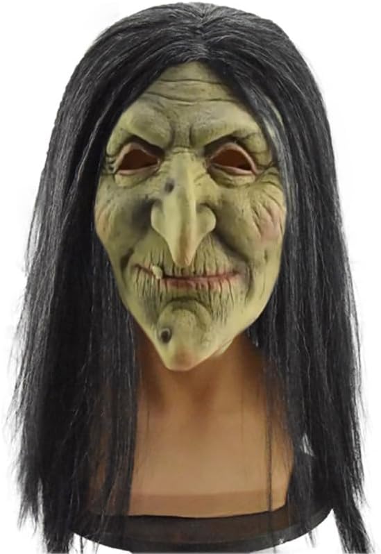 Utaomld Old Woman Witch Mask Halloween Latex Scary Masks Adult Horror Long Hair Witches Cosplay Costume Party Props