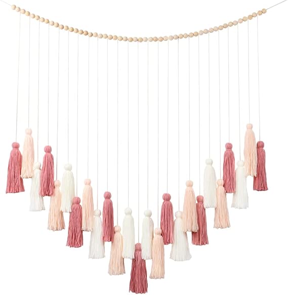 DrCor Blush Pink Tassel Garland - Boho Macrame Wall Hanging Nursery Decor