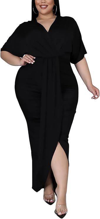 Seltaon Sexy Plus Size Maxi Dress for Curvy Women V Neck Short Sleeve Wedding Guest Dress Party Dress