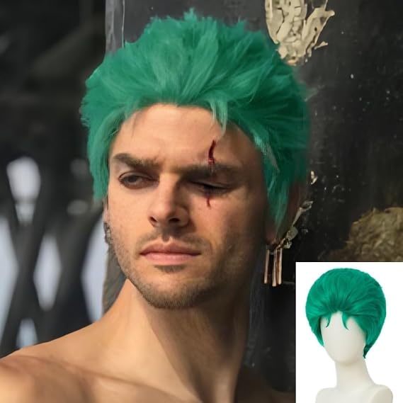 Green Short Anime Wig for Men Cosplay Costume Hair Wig for Male | Halloween Straight Fluffy Layer Synthetic Heat Resistant Fibre Wig
