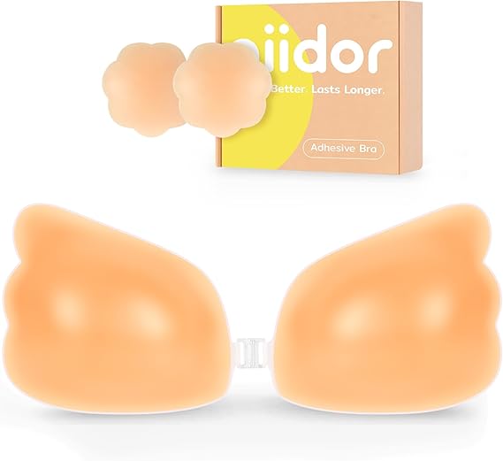 Niidor Sticky Bra Strapless Silicone Adhesive Push Up Invisible Backless Bra for Women with Nipple Covers Wing-Shape Pink