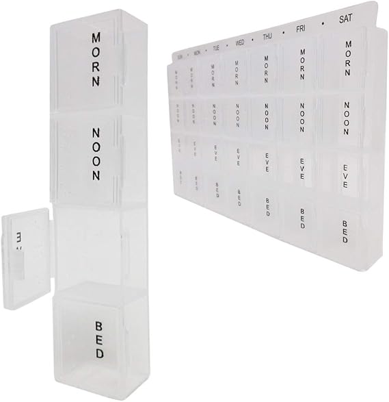 2 Pack Weekly Pop Up Pill Box Storage Organizer 7 Day Medication Compartment Set 7-Day Pill Case Medicine Planner Vitamin Organizer 4 Times a Day AM/PM/Noon/Bed, Compartments Clear Lids