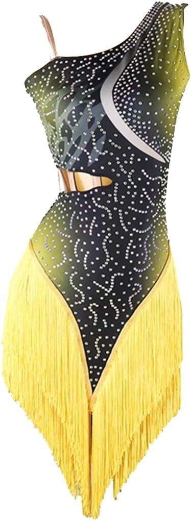 Women's Fringe Latin Cha Cha Dance Competition Dress One Shoulder Tango Salsa Rumba Dance Gradient Skirt