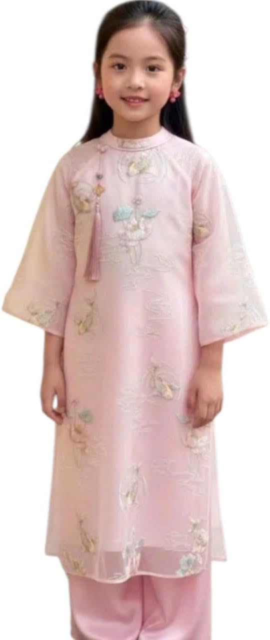 Traditional Vietnamese Ao Dai for Girls, made of chiffon fabric, with 4 panels.
