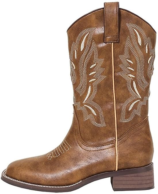 Only maker Cowboy Boots for Women Mid Calf Embroidered Western Cowgirl Boots Square Toe Low Block Heel Distressed Western Boots Comfortable Pull-On Leather Short Cowboy Boots Brown Size 9.5