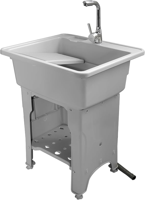 Freestanding Plastic Utility Sink Laundry Tub outdoor sink Drop in Deep sink kit with Inlet and Drain Pipe with Hot&Cold Faucet,Basement for Laundry Room&Garage or Shop,Size:25.9*21.65*31.5in(Gray)
