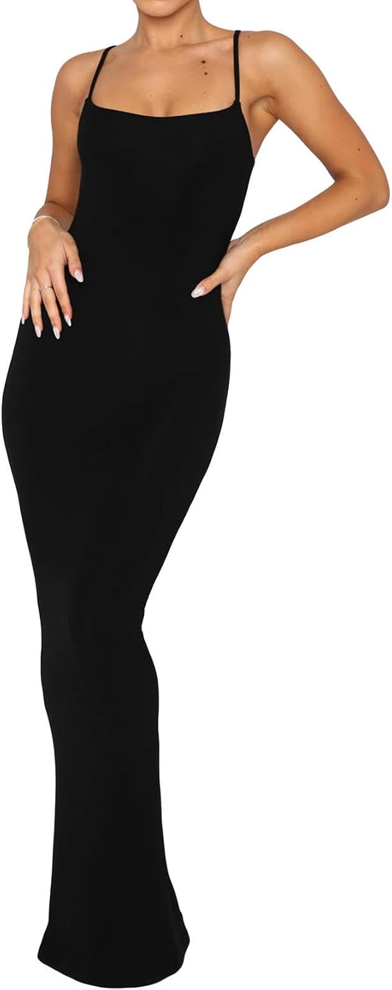 WEITING 2023 Summer New AliExpress European and American Clothes Solid Color Suspender Skirt Sexy Slim Hip Cover Long Dress-Black-L