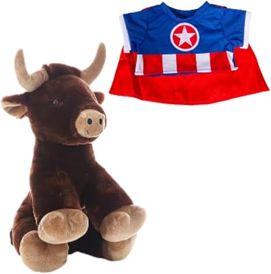 PLUSH TOYS WONDERLAND Burt The Bull with Bear ican Hero Tee and Cape fits 6-10 Inch Stuffed Animal Soft Brown Plush Superhero Bull Toy Cuddly Collectible Kids Gift Patriotic Animal
