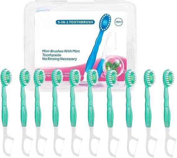 Mini Toothbrush 5 in 1 Tool (Toothpaste + Floss + Pick + Tongue Scraper) Portable Travel Set, 4-in-1 Toothbrush with Cleaning Beads, Disposable Mini Toothbrushes on The Go(Green Plum Tea Flavor)