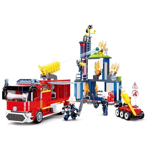 Sluban City Fire Training Set, Fire Rescue Building Set with 4 Fireman Minifigures & Fire Truck, Compatible with Lego City Fire Station Set, Building Toys Gifts, 585 PCS