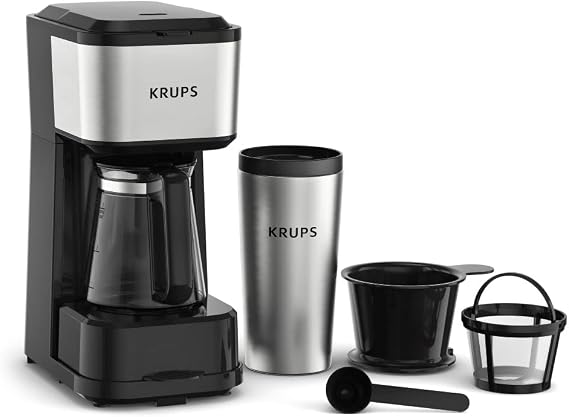 KRUPS: Coffee Maker 2 Cup Simply Brew Stainless Steel Drip Coffee Maker 14oz Insulated Travel Tumbler, Glass Carafe, 650 Watt Drip, French Press, Espresso, Pour, Cold Brew Black